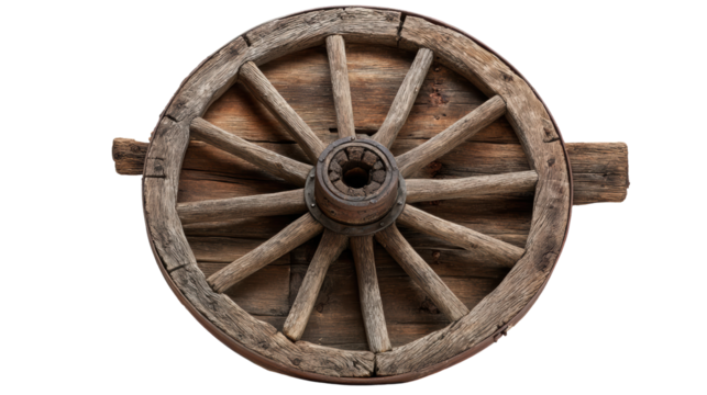 Vintage wooden cart wheel isolated on a white background.