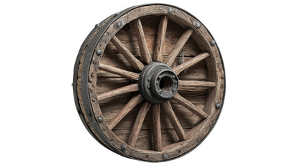 Vintage wooden wagon wheel on a white isolated background, showcasing rustic craftsmanship and classic design.
