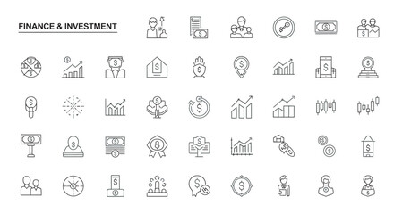 Finance and investment line art showing various business and economic concepts on a white canvas, creating a clean and professional aesthetic.