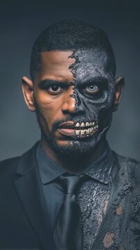 Halloween portrait of man in suit, half face zombie transformation with decayed skin, cinematic dramatic look