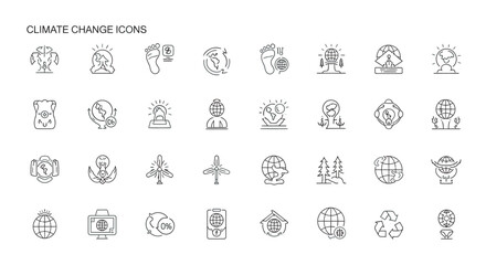 Thin line climate change symbols depicting global warming and environmental issues on white, representing urgent need for action.