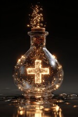 Sparkling Glass Potion Bottle with Cross Symbol Illuminated in Dark Background