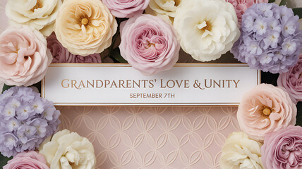 Grandparents love and unity card with pastel floral frame and golden text