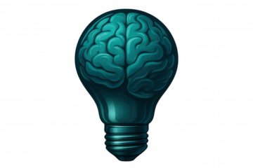 Light bulb containing glowing brain, symbolizing innovative thinking, creative process, intellectual potential against transparent backdrop
