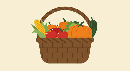 A basket overflowing with autumn harvest corn pumpkins apples lettuce and gourds