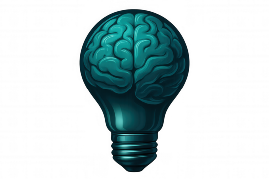 Light bulb containing glowing brain, symbolizing innovative thinking, creative process, intellectual potential against transparent backdrop