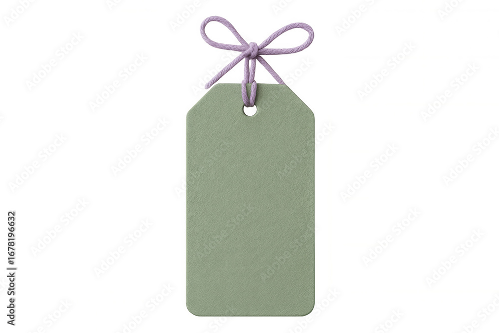 Poster green paper label hanging with purple string tied in a bow, isolated on transparent background, read