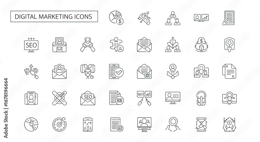 Poster Digital marketing elements displayed as outline symbols representing various online strategies and tools for business promotion and growth.