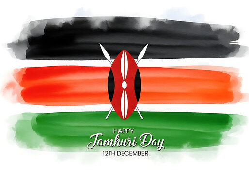 Watercolor painting of kenyan flag with shield and spears for jamhuri day, a national holiday celebrated on december 12th