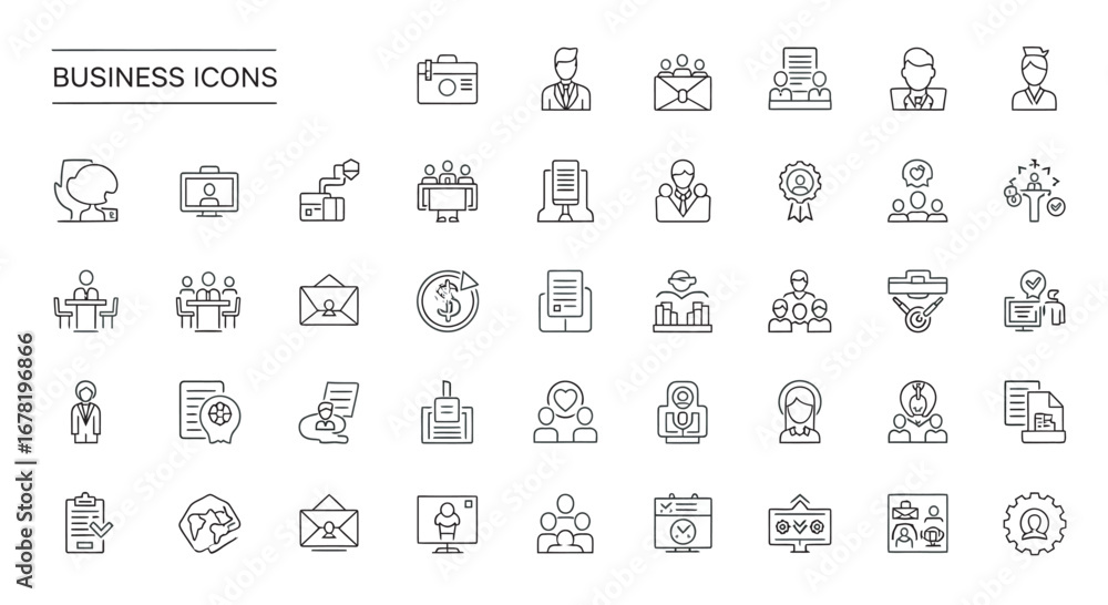 Aufkleber collection of business symbols representing various concepts in thin line style on a clean white bac