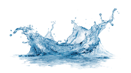 Water splash with dynamic movements and vivid blue tones on a white isolated background.