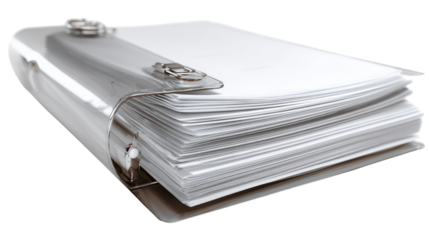 White binder filled with documents, isolated on a white background.