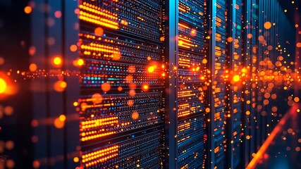 black server racks with blinking orange and blue LED lights for active data transfer big data cloud computing artificial intelligence global network infrastructure concept - Powered by Adobe