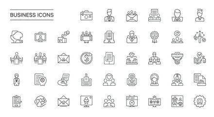 Collection of business symbols representing various concepts in thin line style on a clean white backdrop, conveying professionalism and simplicity.
