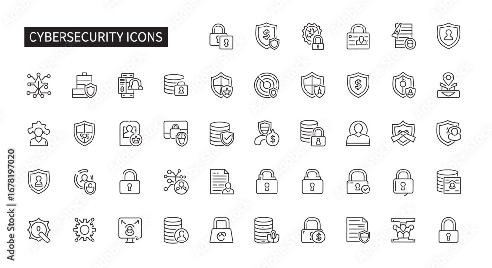 Poster cybersecurity elements representing data protection and network security on a white backdrop, emphas