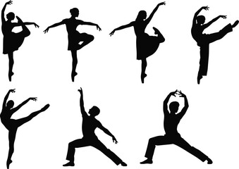 Ballet and contemporary dance silhouettes, graceful poses, artistic movement, expressive dancers, elegant performance, modern dance, flat vector illustration, isolated design