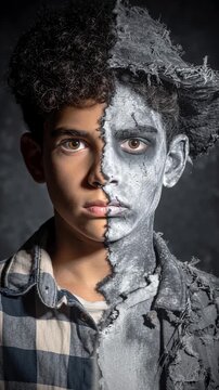 Halloween portrait of boy with half zombie makeup and tattered clothes, dramatic cinematic transformation aesthetic