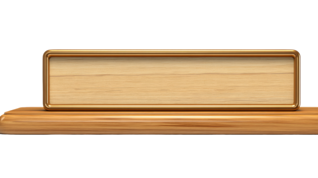 Wooden nameplate on a simple base, isolated against a white background.