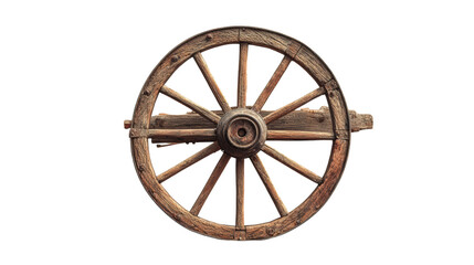 Obraz premium Wooden wagon wheel, vintage style, isolated on white background.