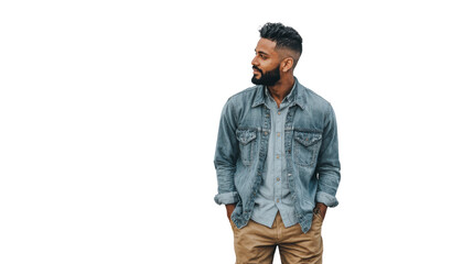 Fototapeta premium Young man with beard and stylish outfit posing confidently with hands in pockets.