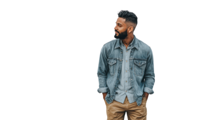 Young man with beard and stylish outfit posing confidently with hands in pockets.