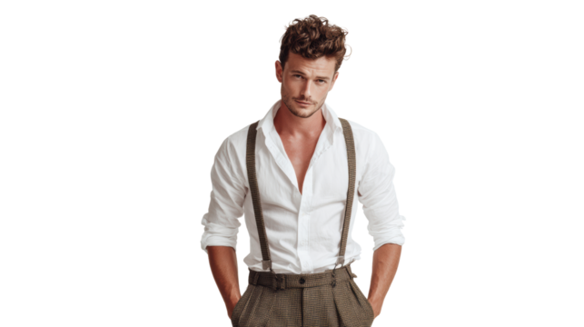 Young man in stylish outfit stands confidently with hands in pockets on white isolated background.