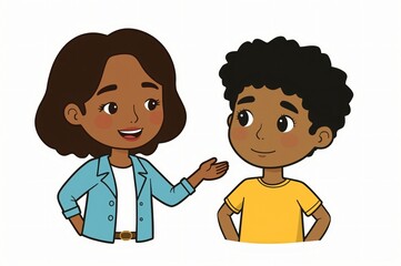 Woman teacher instructing boy, classroom background, education illustration