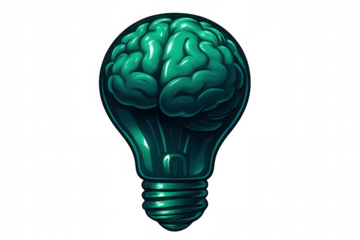 Green brain inside light bulb on transparent background symbolizing innovation, intelligence, and creativity