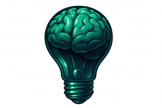 Green brain inside light bulb on transparent background symbolizing innovation, intelligence, and creativity