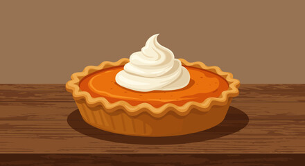 An orange pumpkin pie with a swirl of whipped cream sits on a wooden table against a brown background
