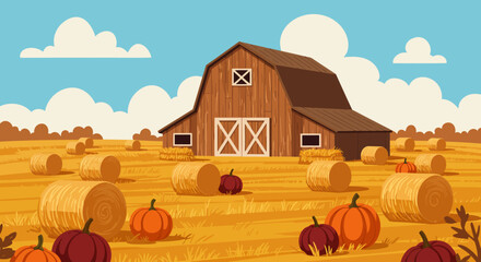 Barn pumpkins and hay bales sit in a sunlit autumn field under a blue sky © Miu Studio