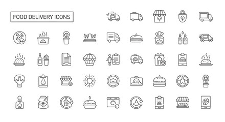 Outline style food delivery symbols representing various aspects of online ordering and transportation of meals for convenience and efficiency.