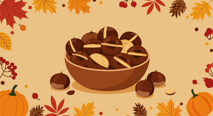Bowl of cracked chestnuts amidst autumn foliage  pumpkins on tan background