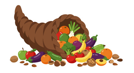 Brown cornucopia spilling over with various fruits vegetables and nuts against a white background