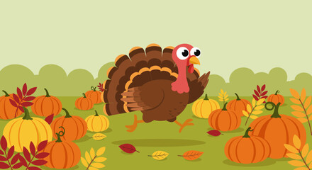 Cartoon turkey runs among pumpkins with trees in the background