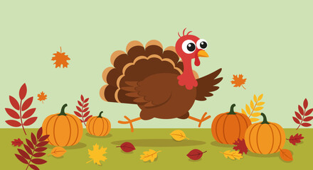 Cartoon turkey running near pumpkins and leaves on a green background