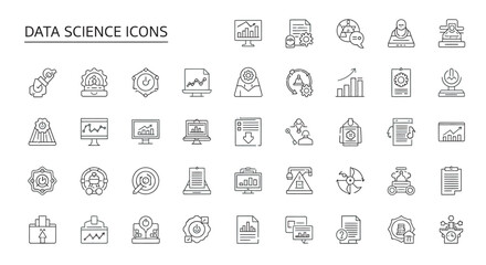 Data science elements arranged on white surface depicting various concepts and tools for data analysis and machine learning, presented in a clean style.