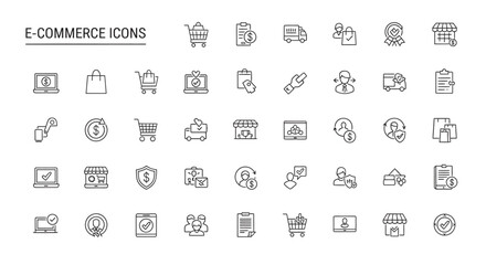 Ecommerce symbols representing online shopping and business transactions on a clean white canvas, conveying simplicity and modern technology.