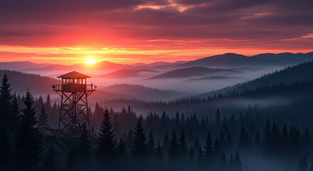 Obraz premium Stunning Sunrise Over Misty Mountain Range with Lookout Tower