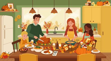 Family at Thanksgiving dinner dad carves turkey mom whisks others smile around table