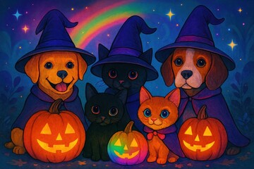 Adorable animals in witch costumes celebrate Halloween with pumpkins and a rainbow in this whimsical illustration. Perfect for festive promotions, cards, or children's products.
