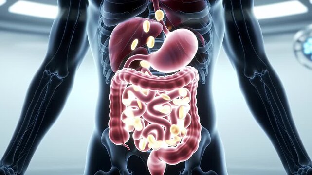 Stylized Animation of Human Digestive System in a Futuristic White and Blue Medical Setting Featuring Transparent Torso and Visible Skeletal Structure Highlighting Internal Organs in Bright Red and