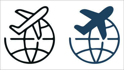Airplane Over Globe Icons – Global Travel & International Connectivity Symbols for Smart Apps, Airlines & Logistics UI