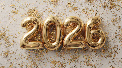 Gold balloon numbers 2026 with confetti on white background  