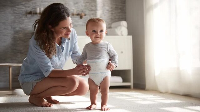Cherishing First Steps: A tender moment captured as a mother lovingly supports her baby's initial steps indoors, symbolizing the beautiful bond of parenthood and the joy of a child's growth.