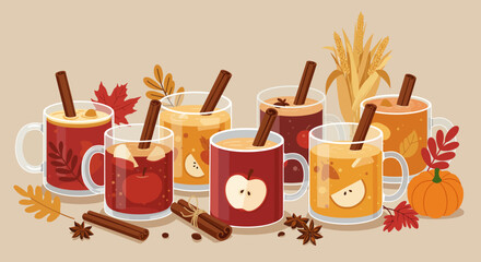 Illustrated autumn drinks mugsglasses filled with spiced beverages and cinnamon sticks Leaves corn pumpkin