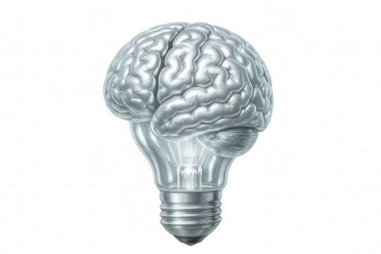 Metallic silver brain forming filament inside illuminated light bulb, representing technological innovation and creative cognitive processes