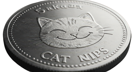 Close up of a silver coin with a cat face and the words cat nips engraved on it in a dark setting