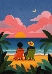 Couple relaxing on the beach, African American, in beach chairs, get away holiday vacation themes, pastel gouache painting in thick flat paint