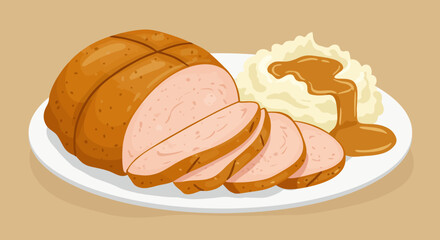 Plate with sliced meatloaf topped with gravy and mashed potatoes